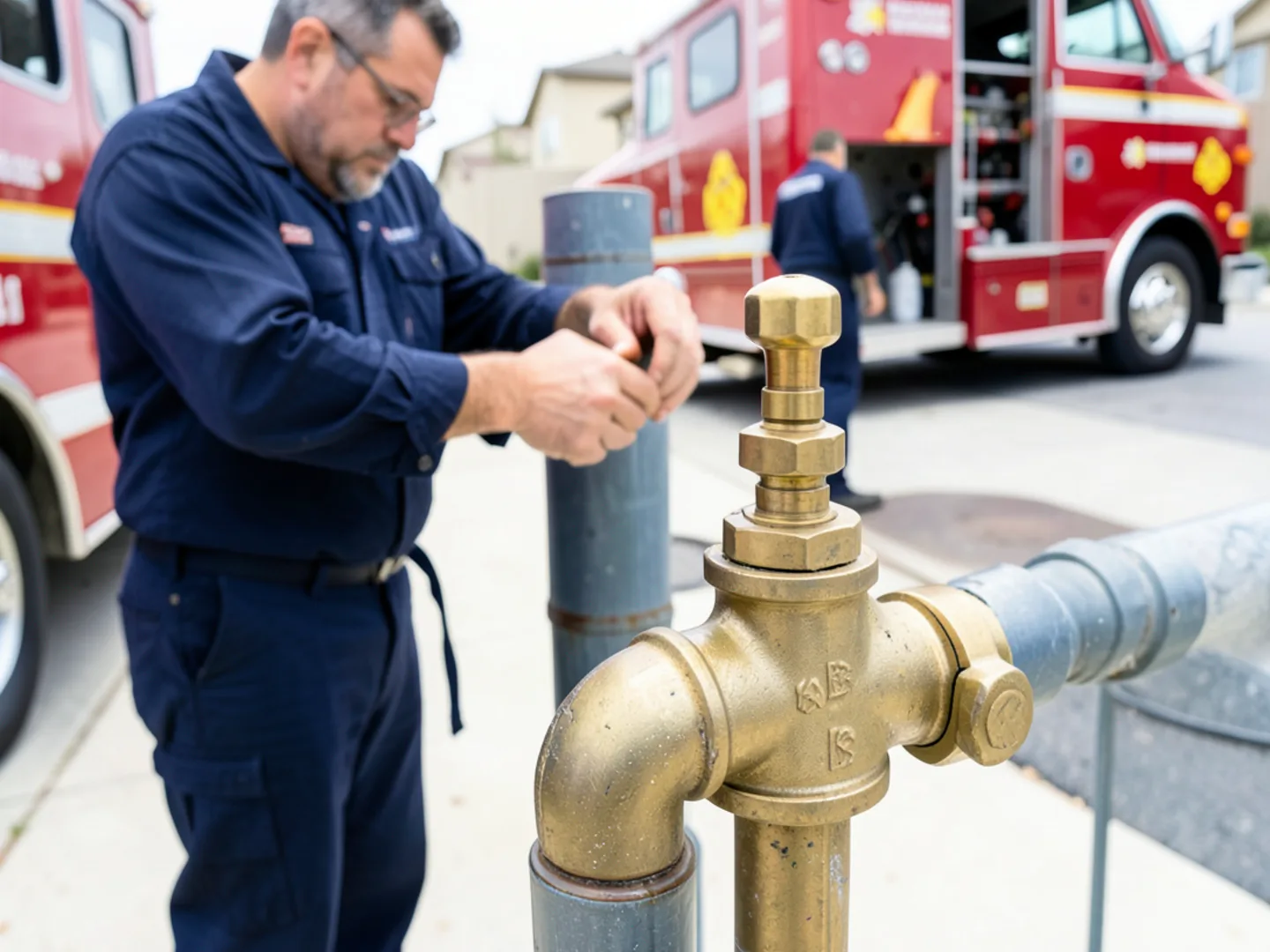 Closing the brass main water ball valve by turning the handle perpendicular to pipe