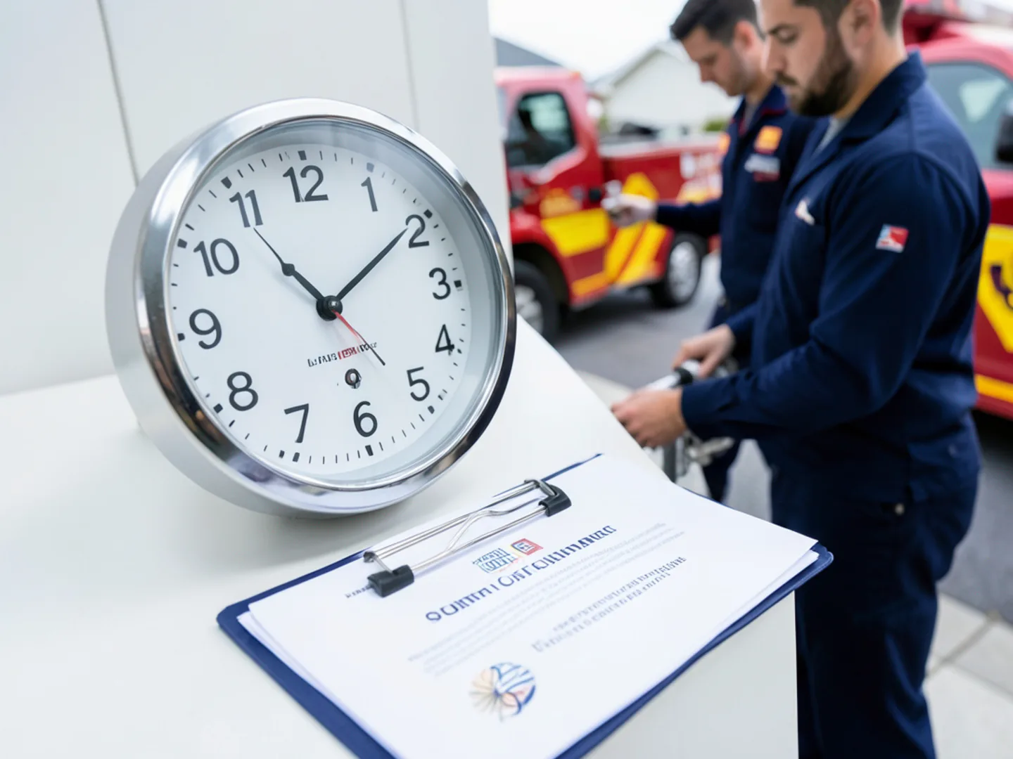Clock displaying late night hours beside plumbing service clipboard in Ontario