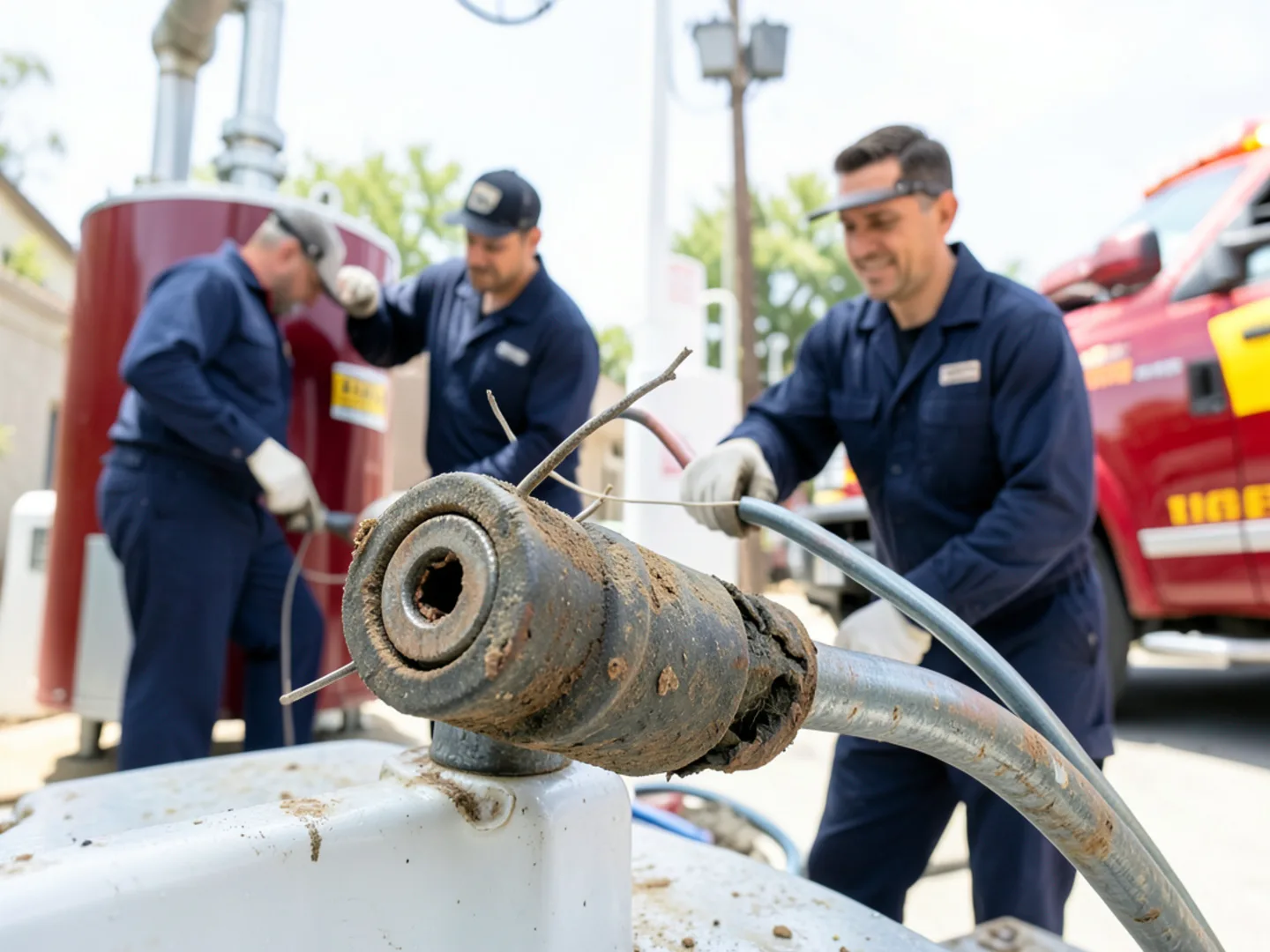 Severely corroded sacrificial anode rod removed from water heater showing exposed core wire