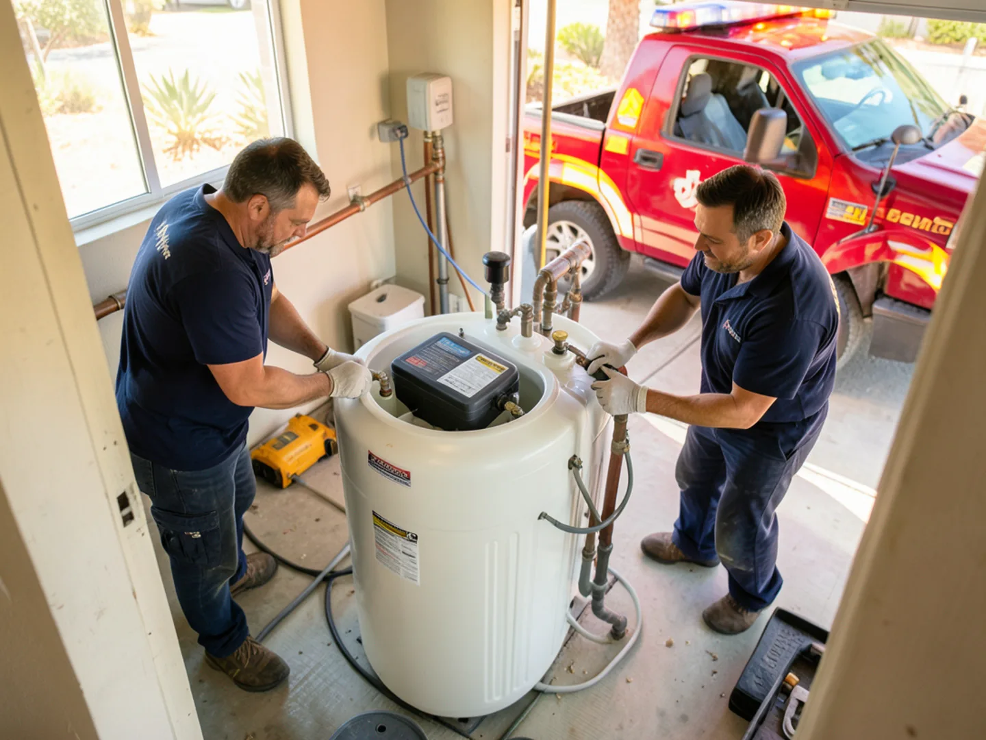 Whole-house water softener resin tank and brine tank installed in Inland Empire garage
