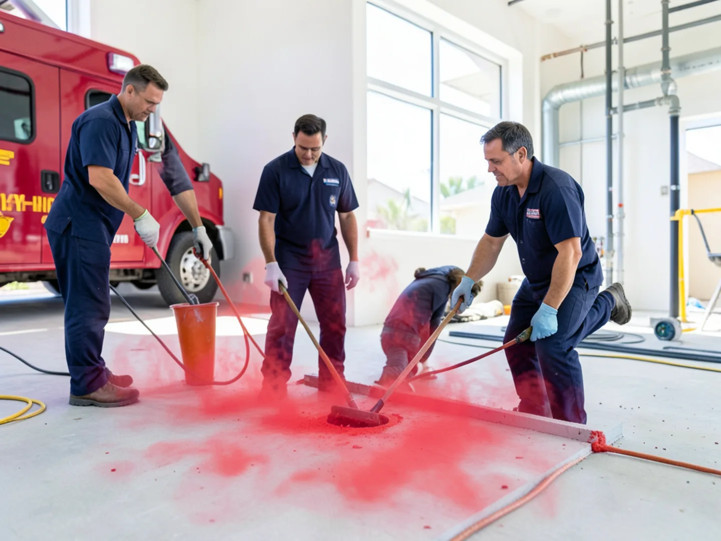 Infrared thermal imaging screen showing warm red plume on concrete floor slab