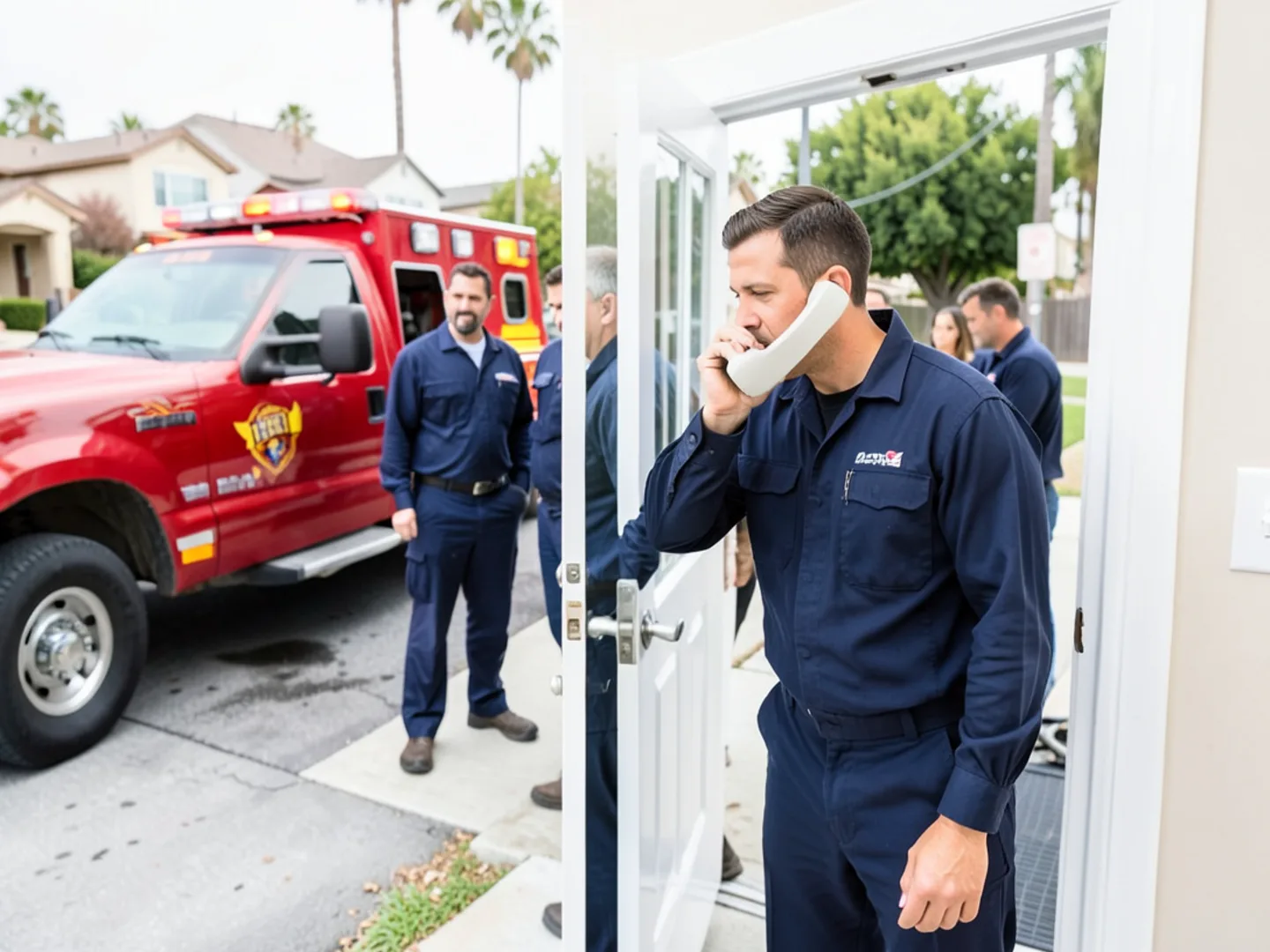 Open front door with family standing safely across the street making an emergency phone call