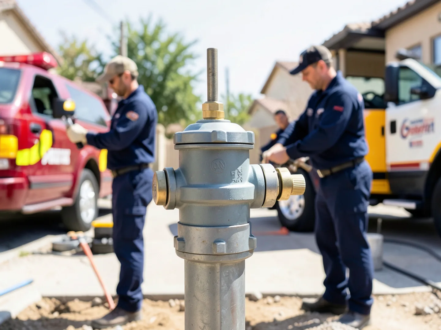 Exterior natural gas meter shutoff valve showing perpendicular off position