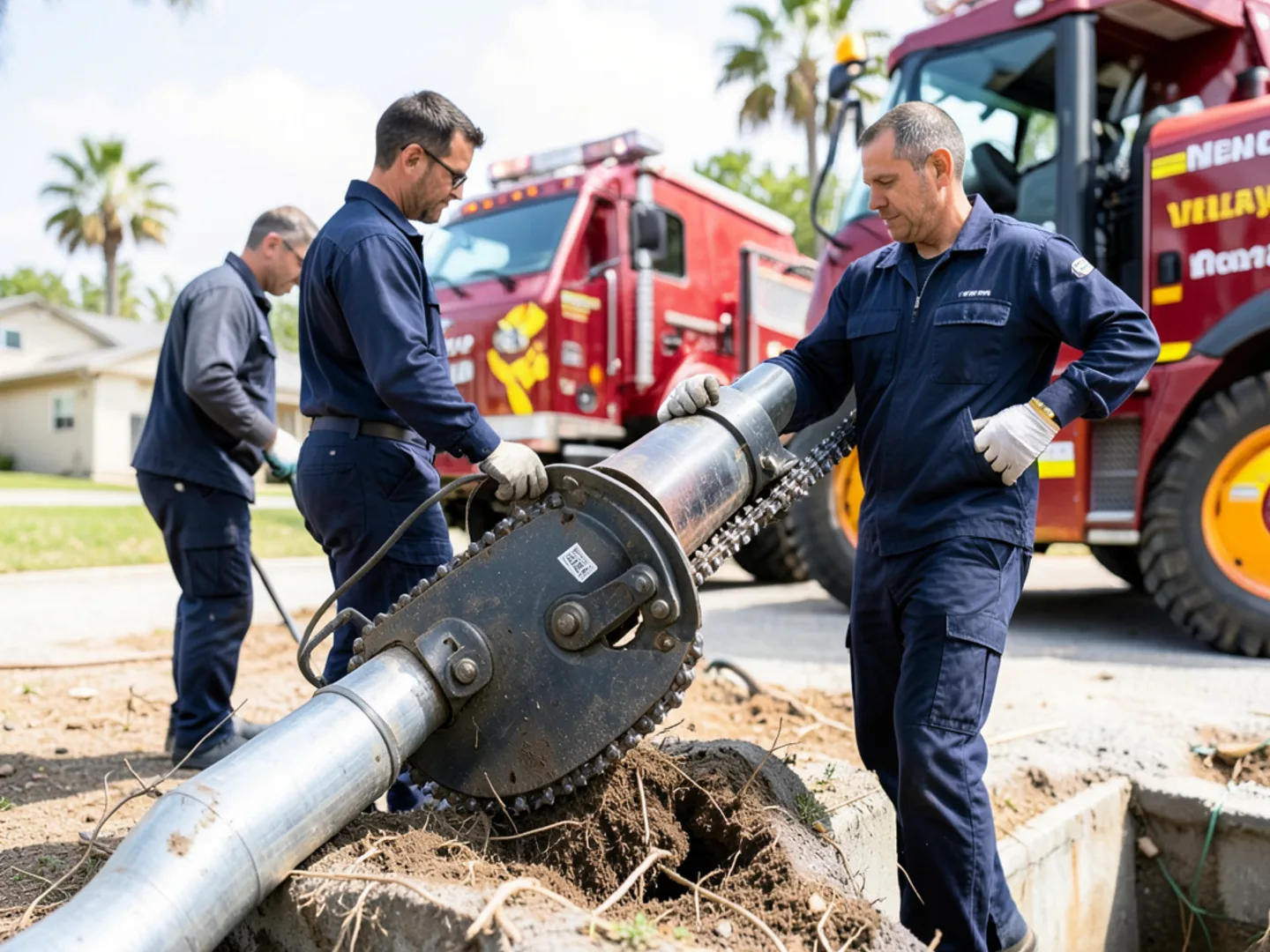 Rotating chain flail nozzle on hydro jetter cutting tree roots from interior of sewer line