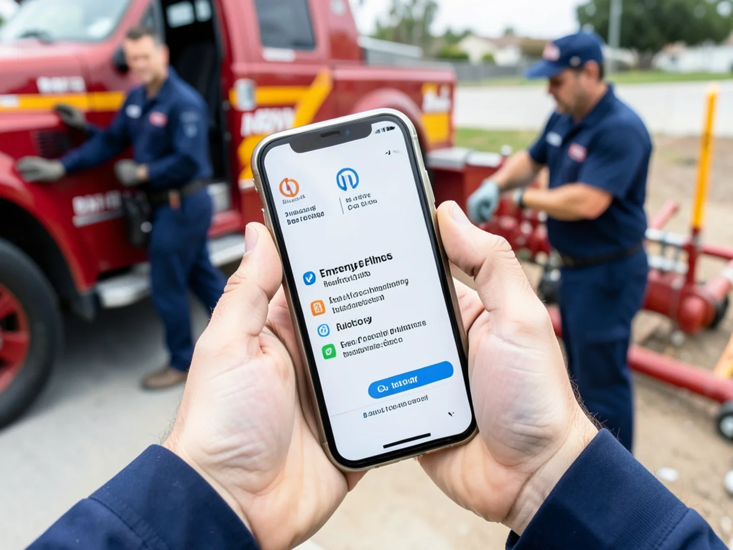 Hand holding mobile smartphone with emergency plumbing call connected