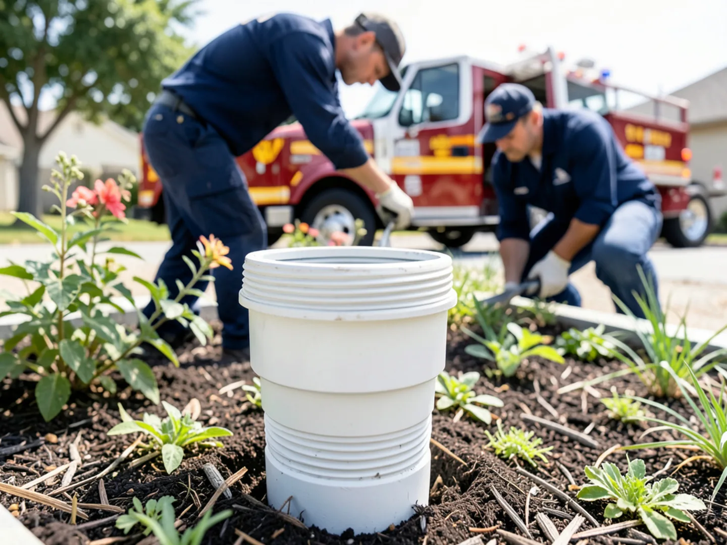 Exterior threaded PVC sewer cleanout cap in residential flowerbed in Ontario, CA