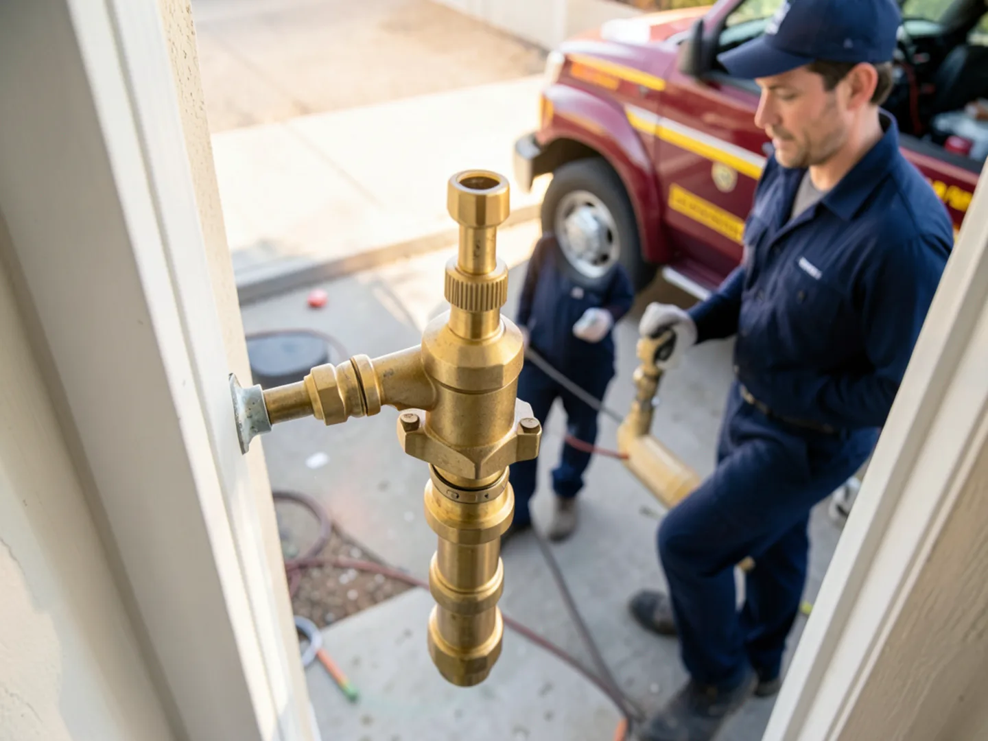 Brass pressure reducing valve (PRV) installed on residential main water service entrance