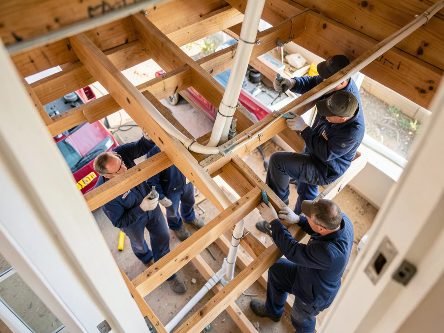 Overhead PEX water line reroute through ceiling joists in Corona residence