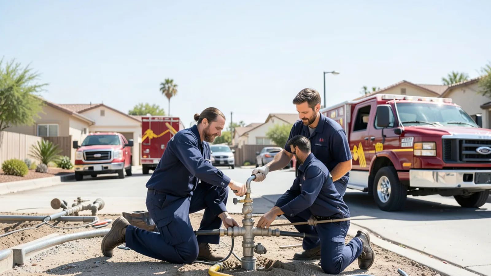 Plumber repairing burst water supply line inside residential garage in Fontana, CA with Cajon Pass foothills in background