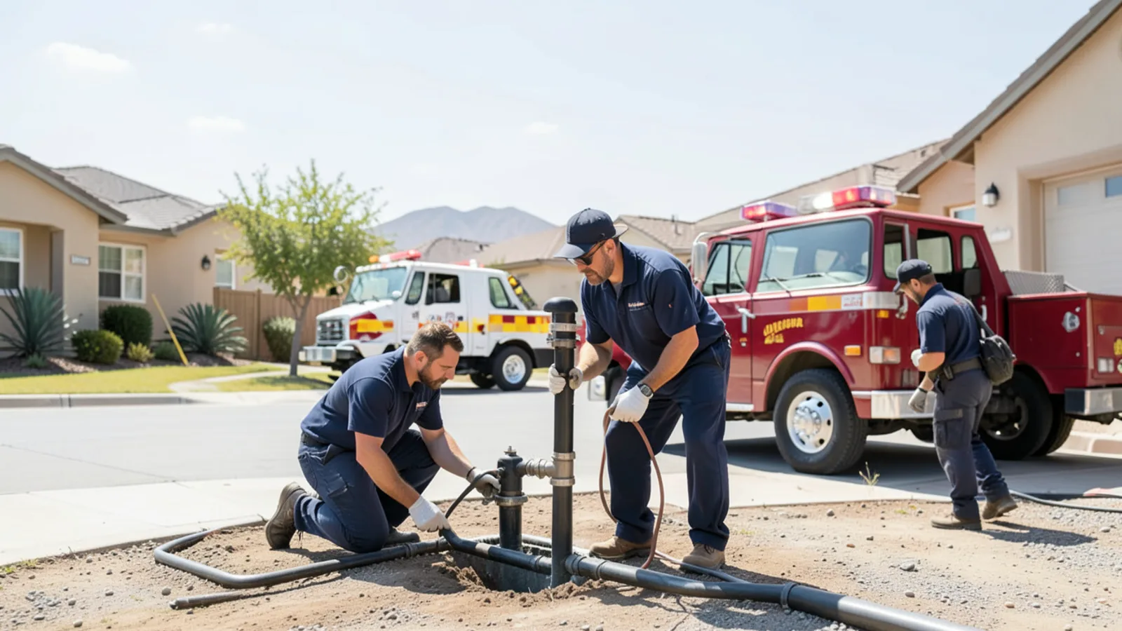 Plumbing crew locating exterior underground water service lateral on large residential lot in Jurupa Valley, CA