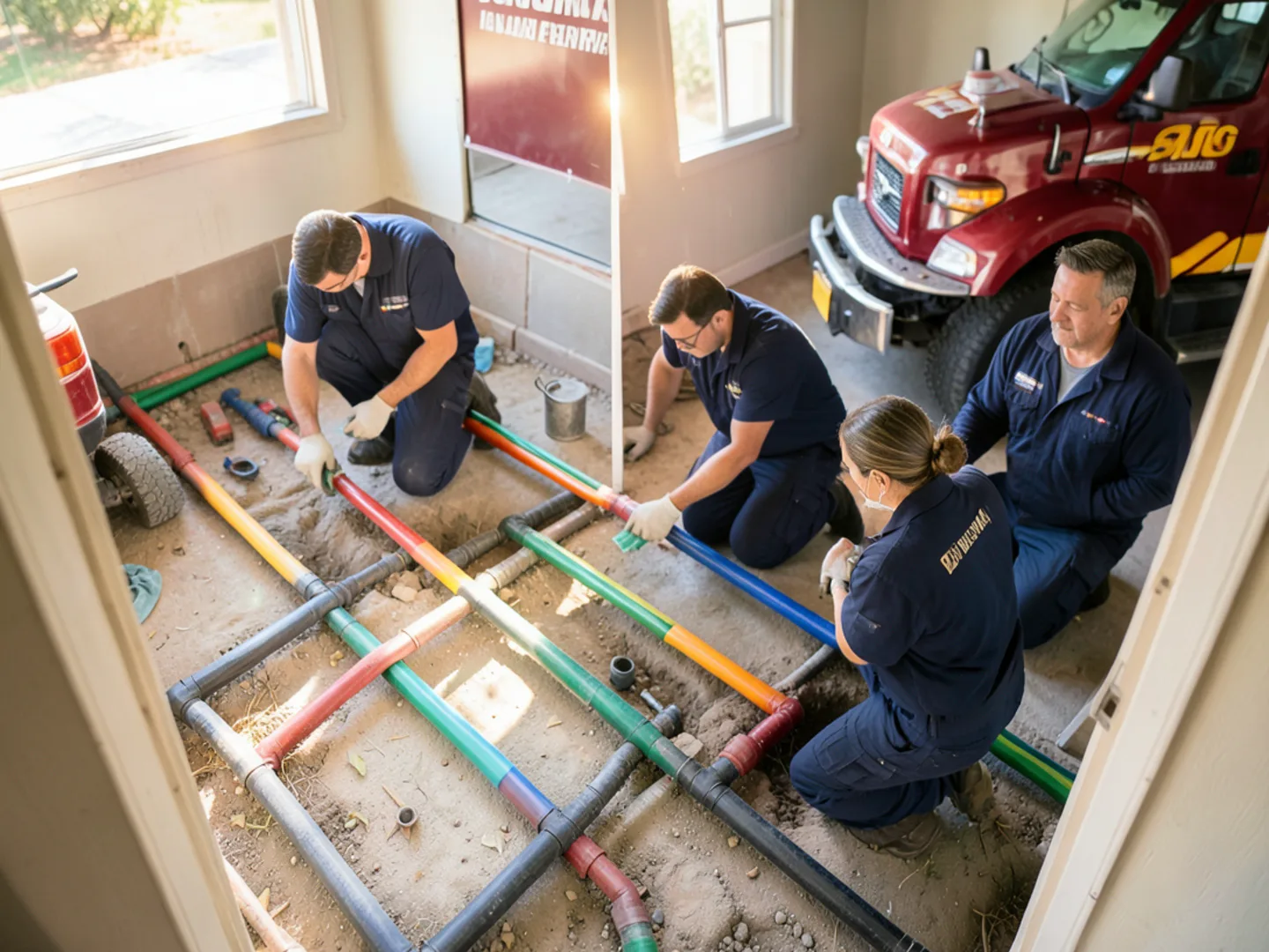 Color-coded PEX water supply lines running through crawlspace in older Pomona home