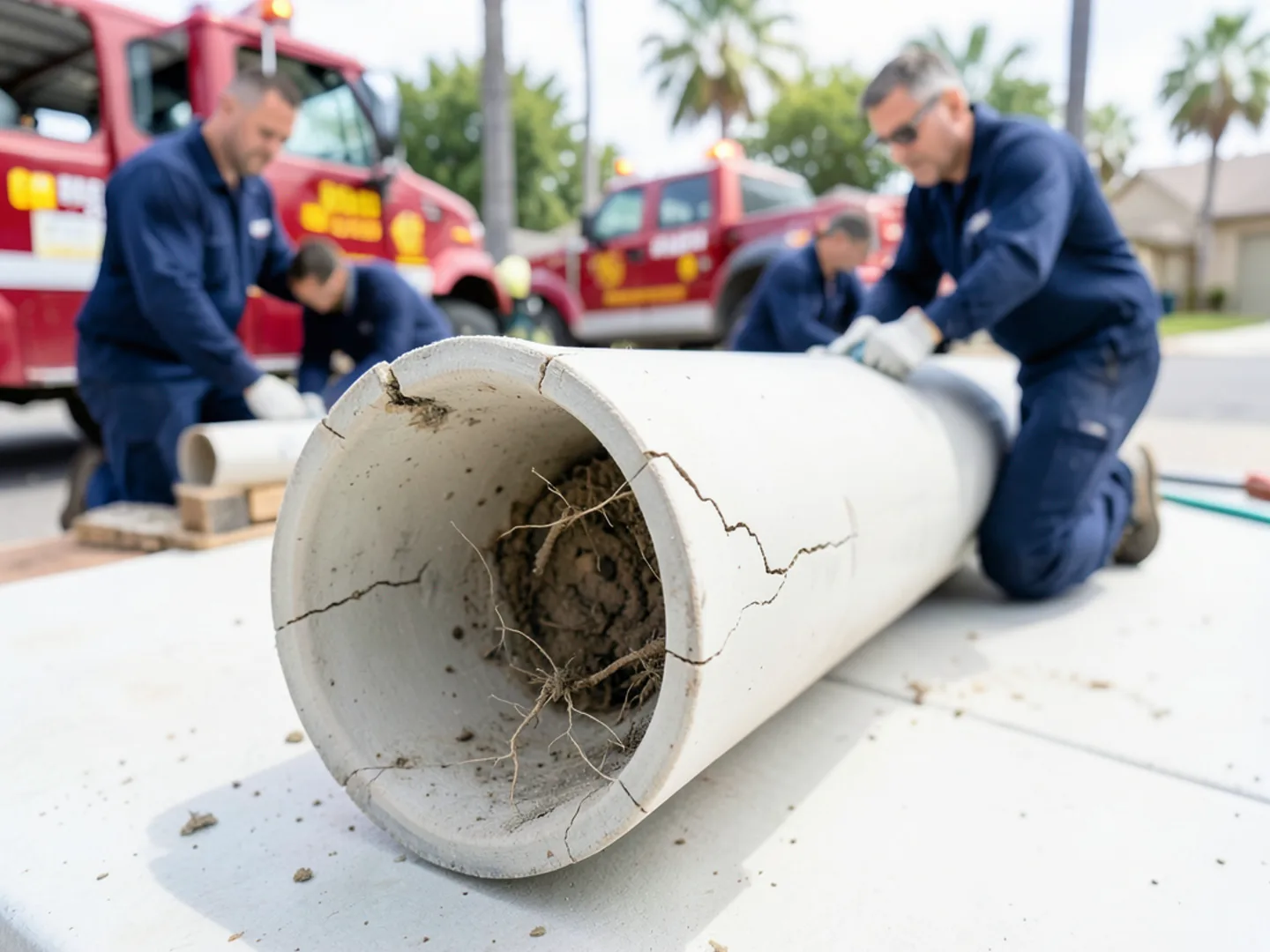 Damaged vitrified clay sewer pipe segment with severe root penetration and hairline fracture