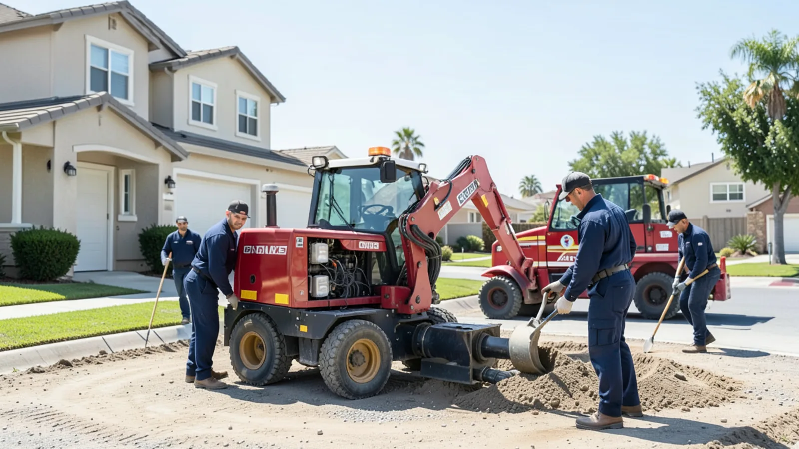 Trenchless sewer line replacement machinery operating on Ontario, California property