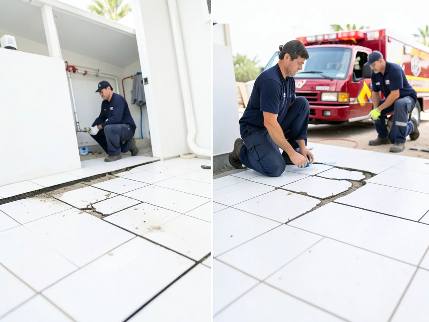 Thermal camera display revealing hot water slab leak signature through tile flooring