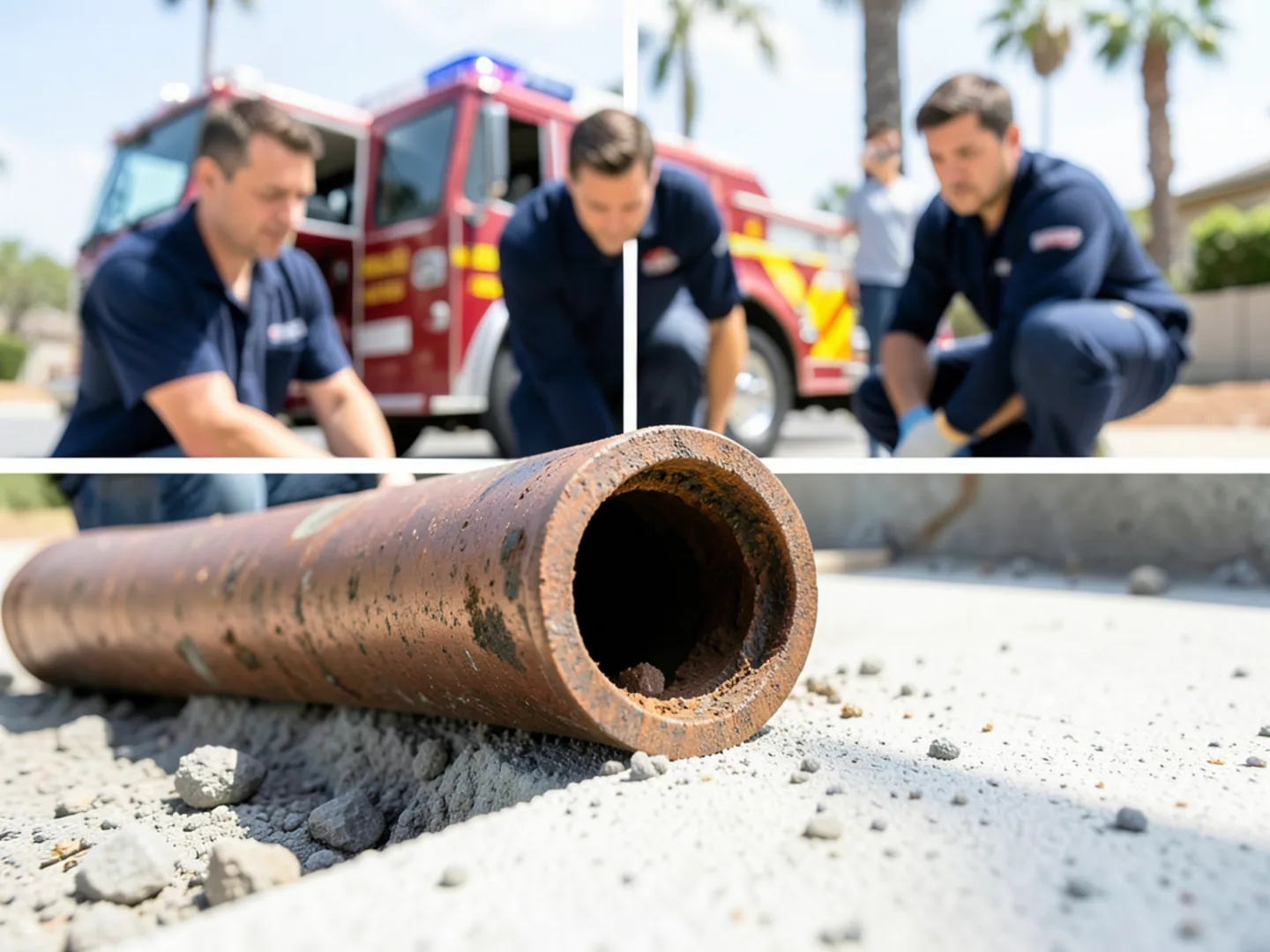 Close-up of pinhole leak in corroded copper water pipe extracted from concrete foundation