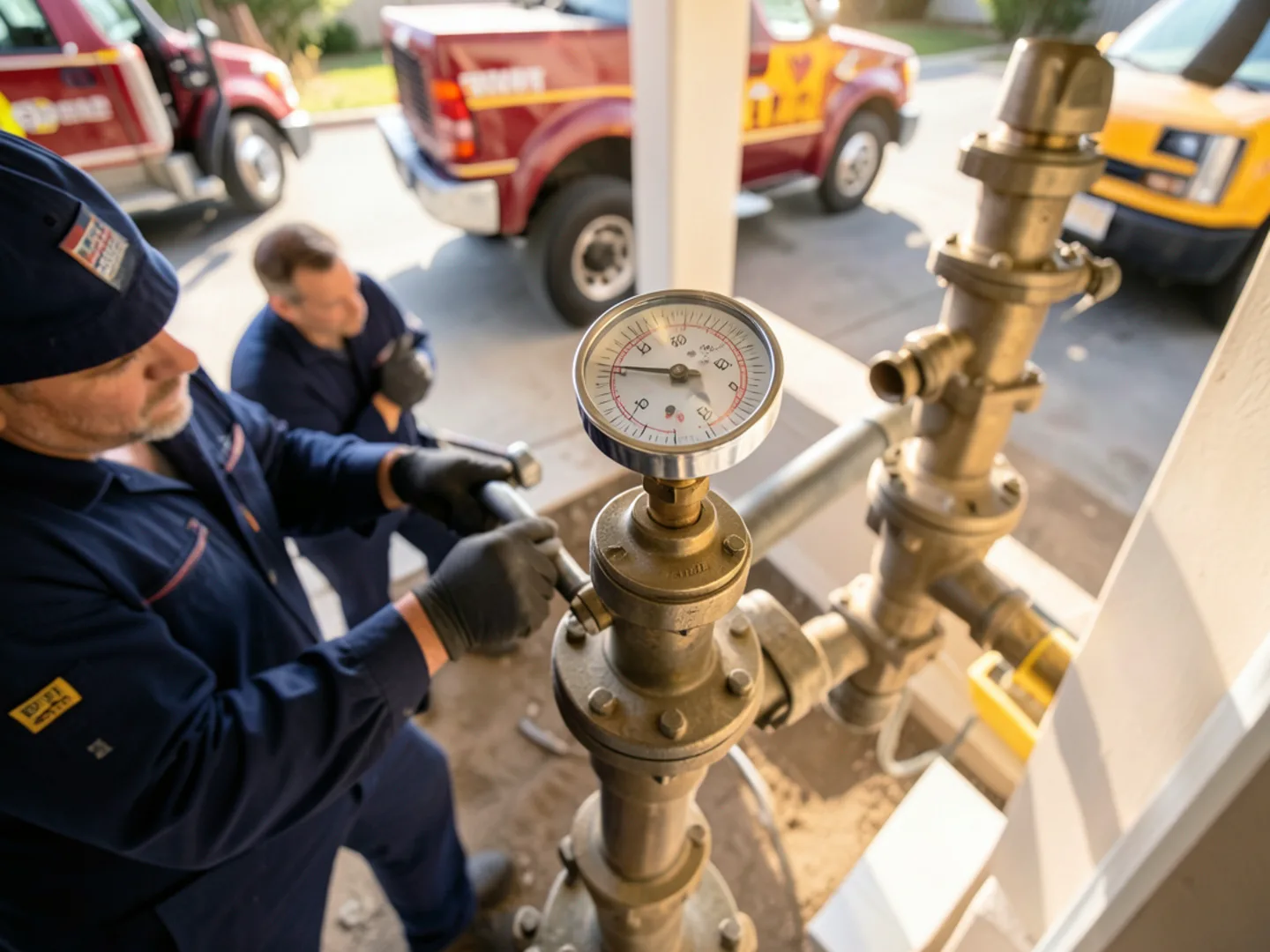 Pressure gauge attached to plumbing manifold showing pressure drop during slab leak test