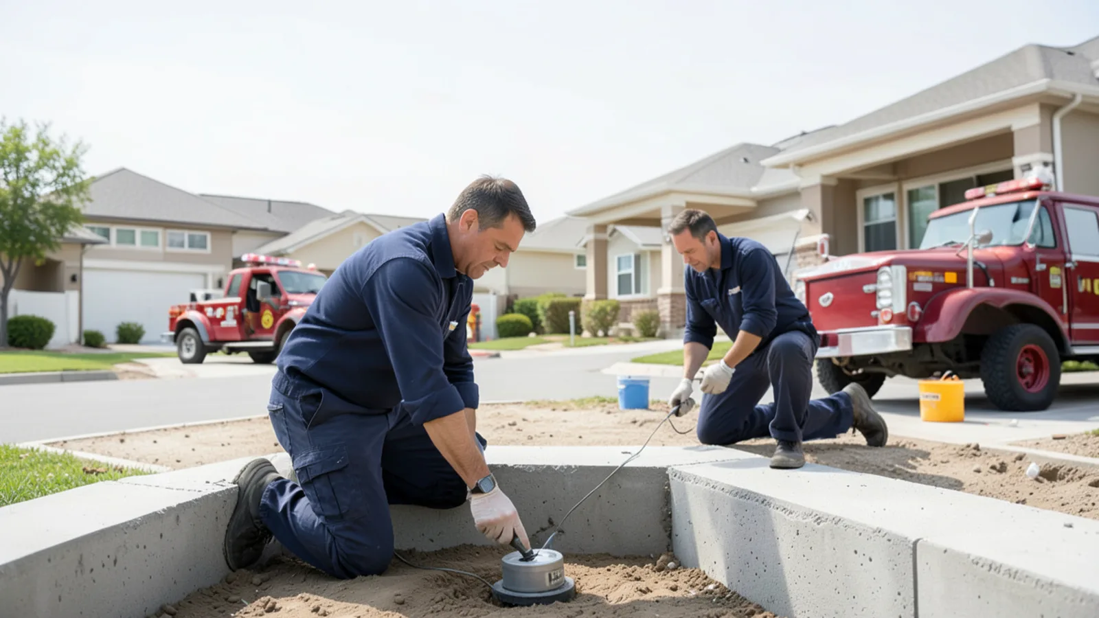 Technician using acoustic ground microphone to locate slab leak under concrete foundation in Ontario, CA